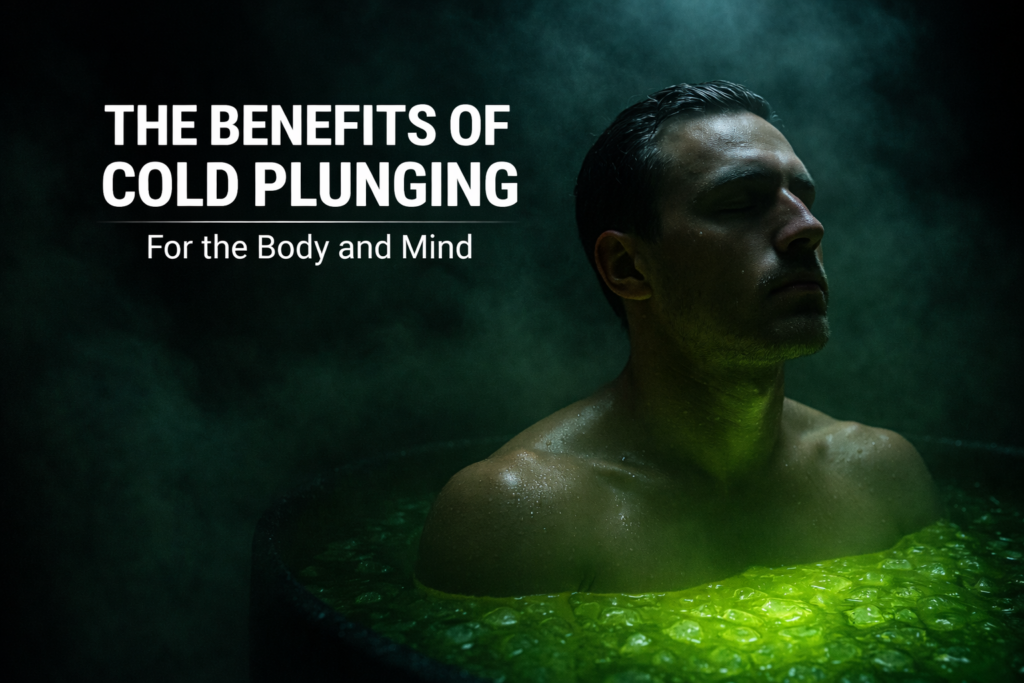 Man submerged in cold plunge with green light and mist, representing the mental and physical benefits of cold exposure therapy