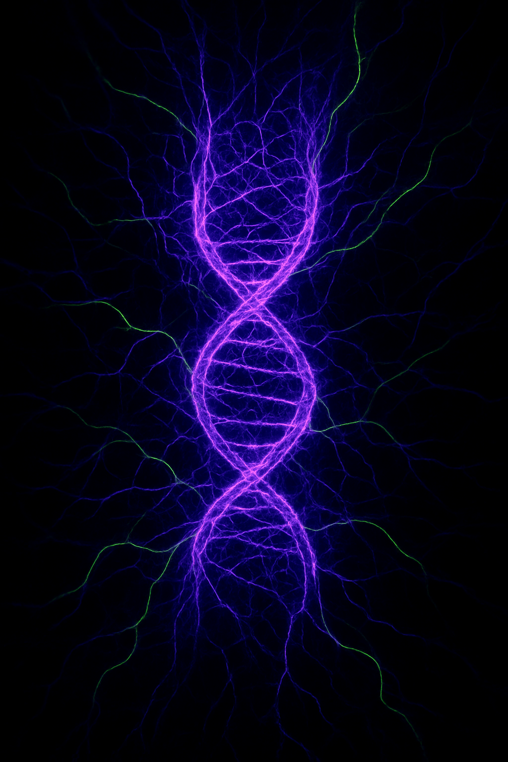 Glowing neuralweb forming a violet DNA helix in a black void, symbolizing human brain energy activation.