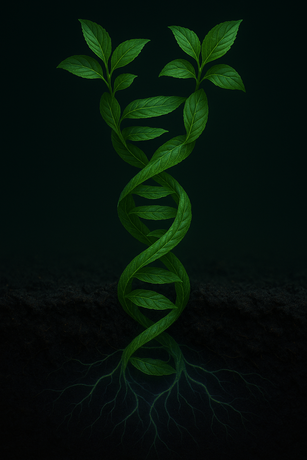 Green botanical DNA helix made of leaves and roots glowing on a dark background, symbolizing the connection between nature, science, and brain nutrition.