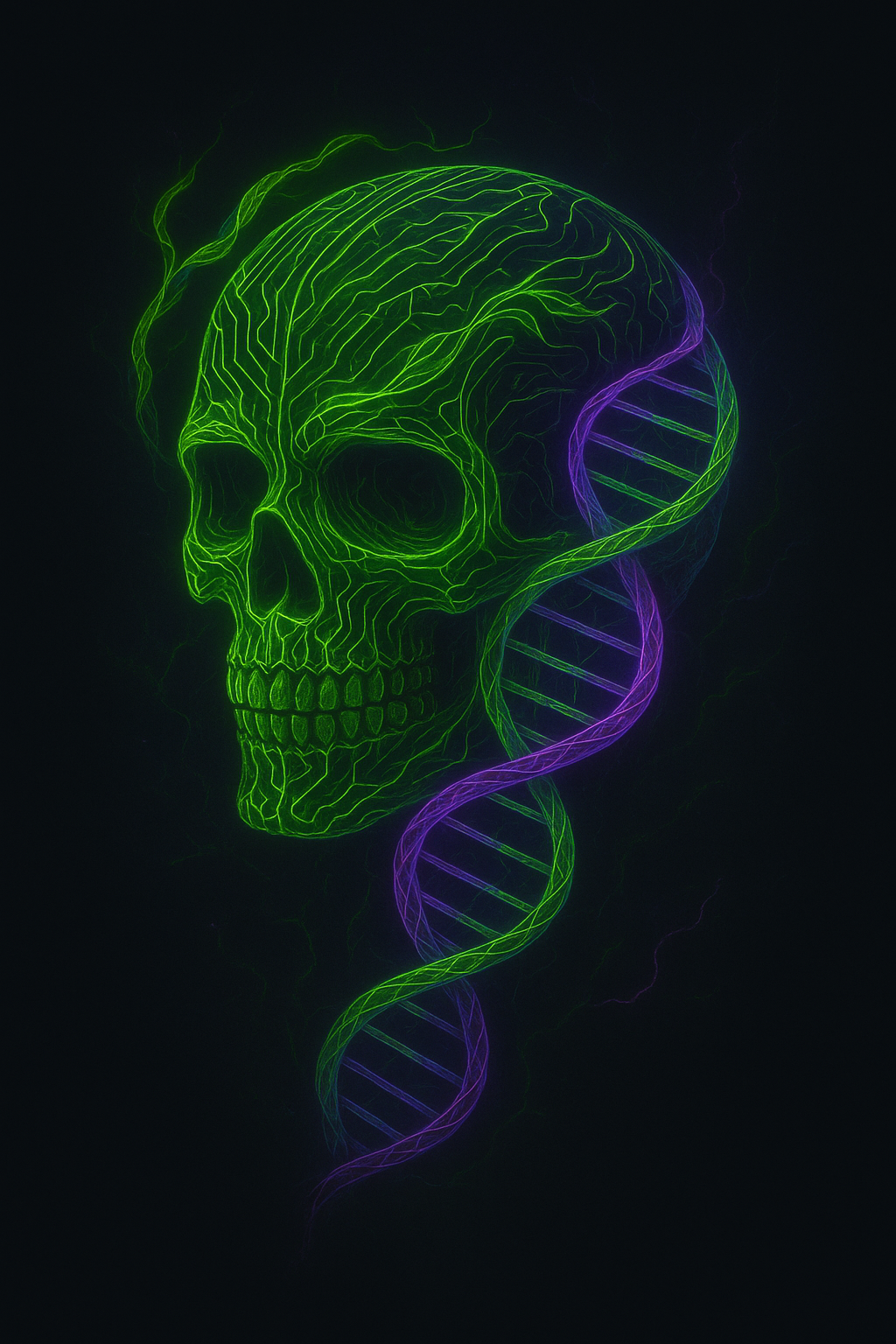 Digital illustration of a neon green skull fused with a glowing violet DNA helix, symbolizing the Cortex Cannibal Tribe Circuit — unity of biohacker intelligence, rebellion, and evolution.