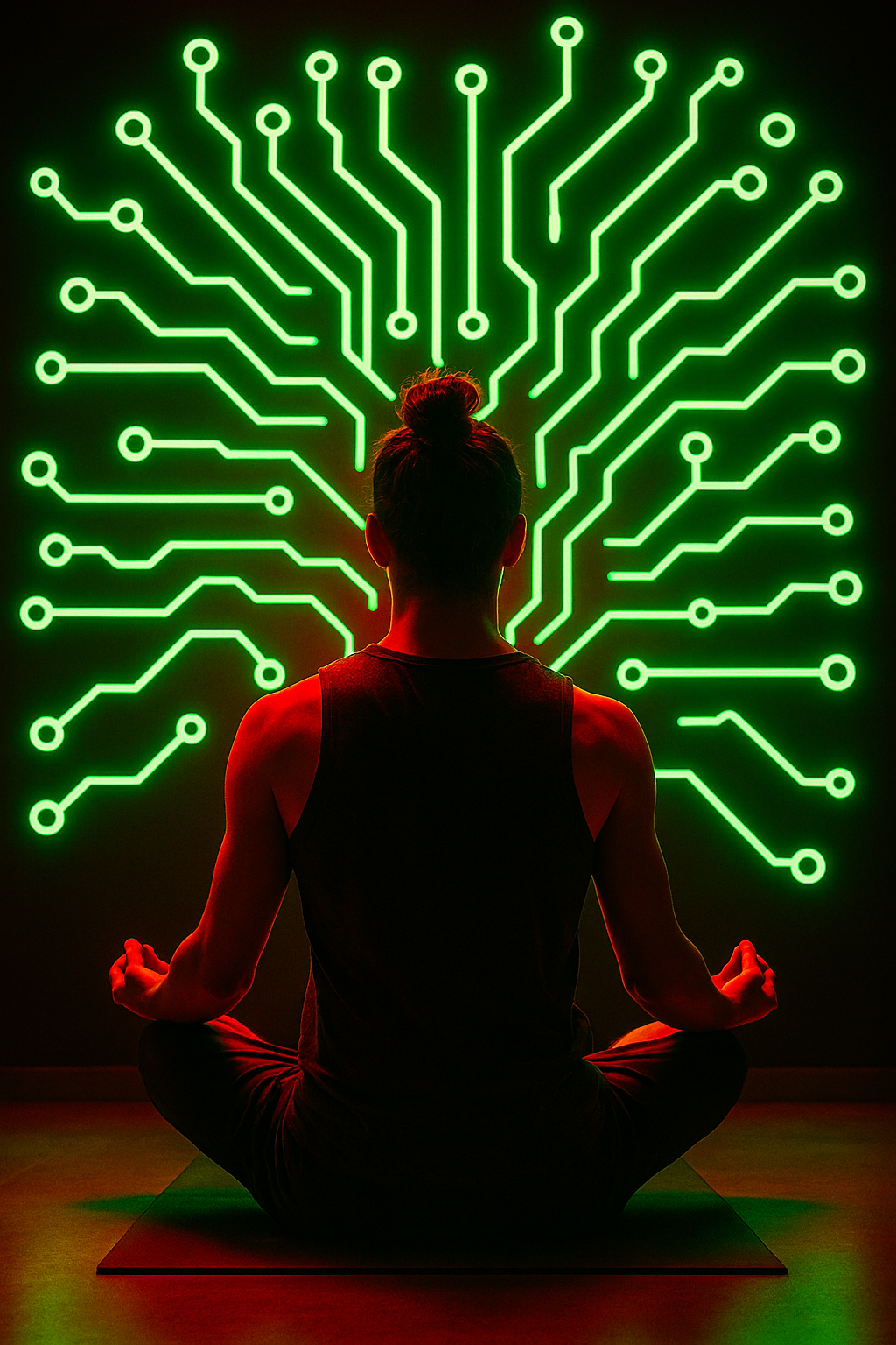Person meditating in front of a glowing green circuit-board pattern, symbolizing the fusion of mindfulness, brain circuitry, and biohacker energy.