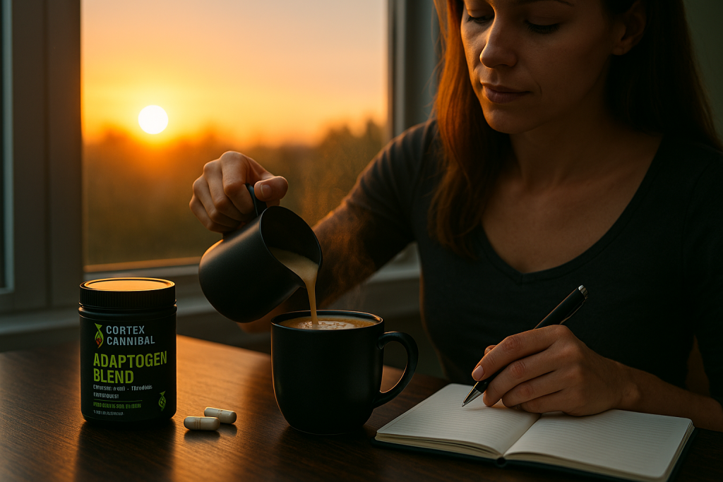 Morning sunlight pouring through the window as a person prepares an adaptogen drink and writes in a journal — symbolizing the Cortisol Reset Ritual by Cortex Cannibal.