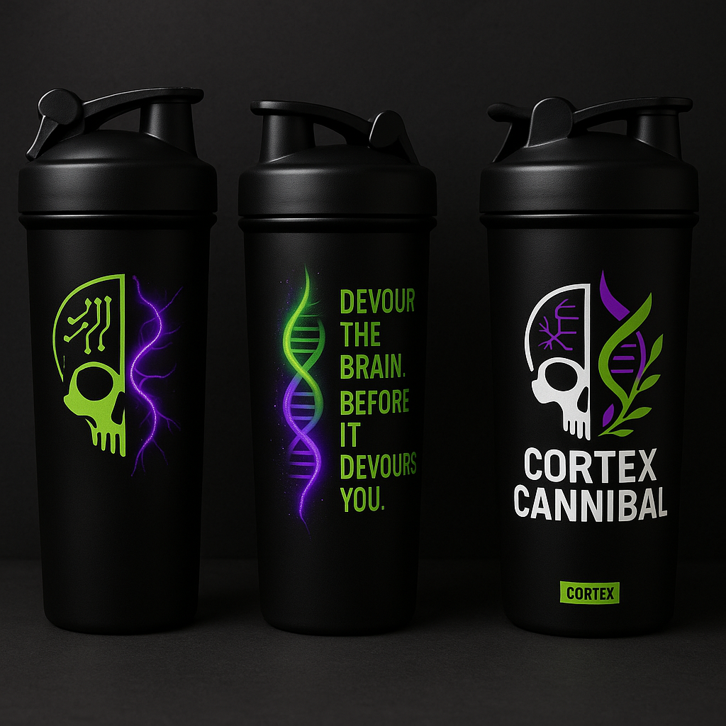 “Cortex Cannibal shaker bottles in black with neon DNA and skull graphics, representing functional nutrition and metabolic reset.”