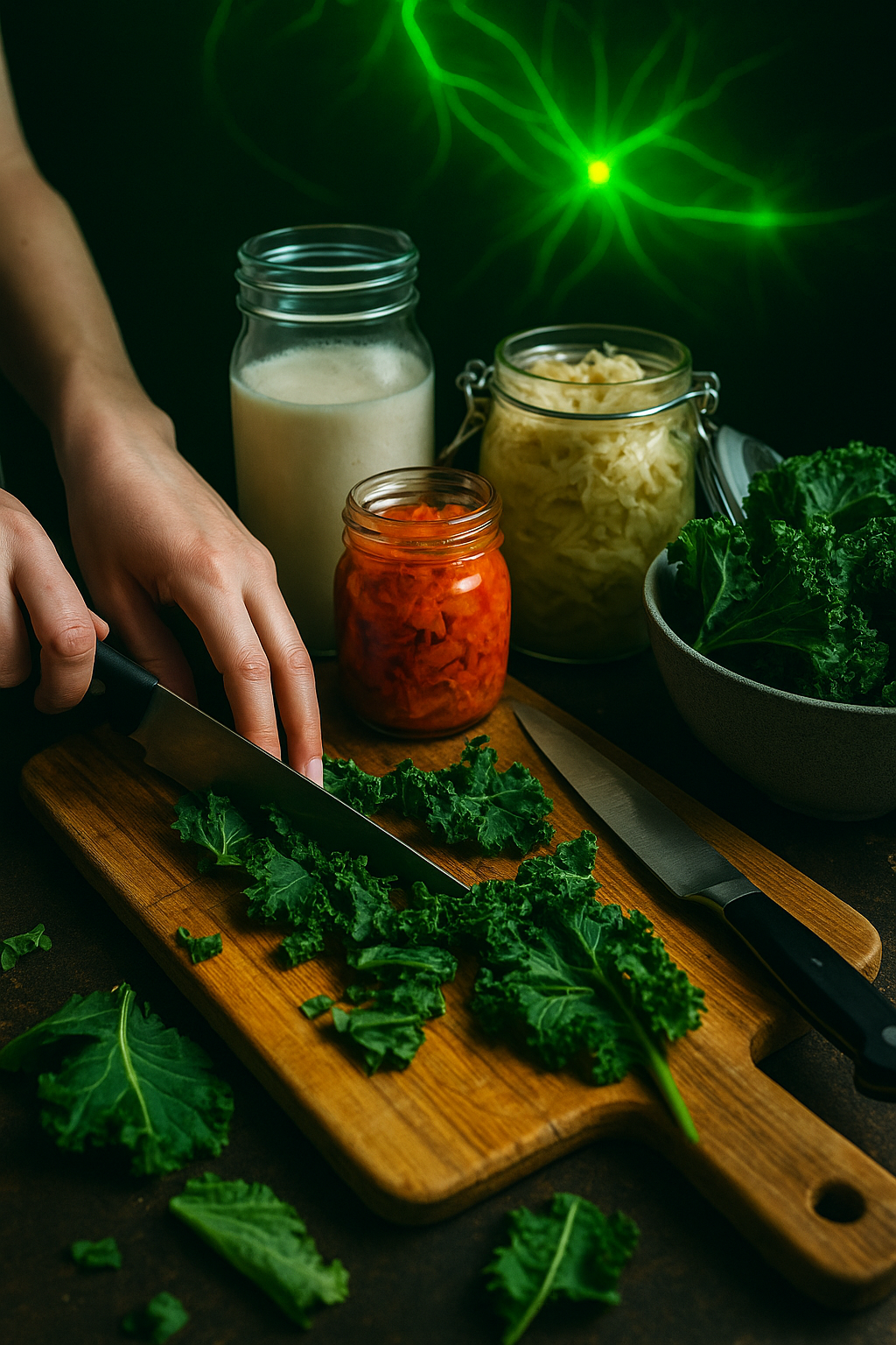 “Hands preparing fresh greens and fermented foods beside glowing herbs — representing functional nutrition and gut–brain integration through the Cortex Cannibal holistic nutrition system.