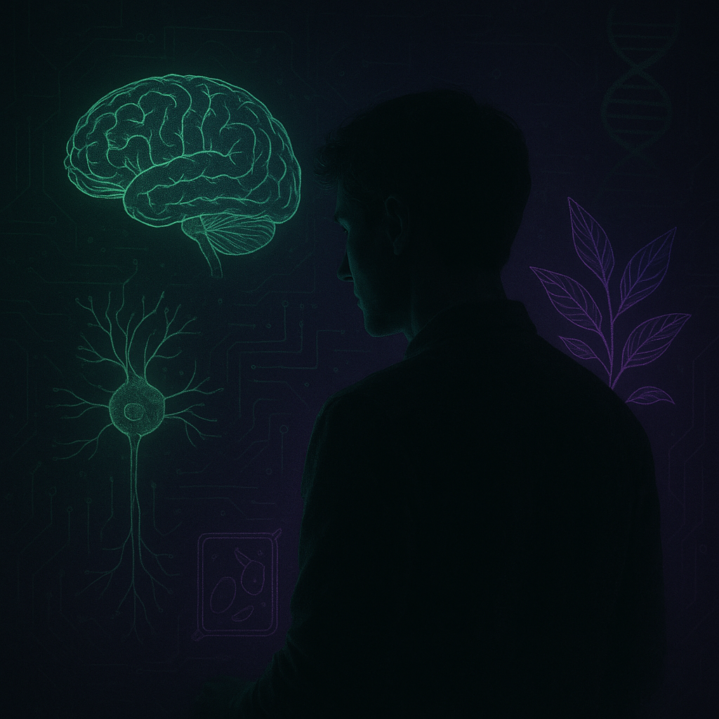 Person studying glowing neural and botanical diagrams in a dark biohacker lab with acid-green and violet lighting symbolizing the fusion of neuroscience , nutrition, and nature.