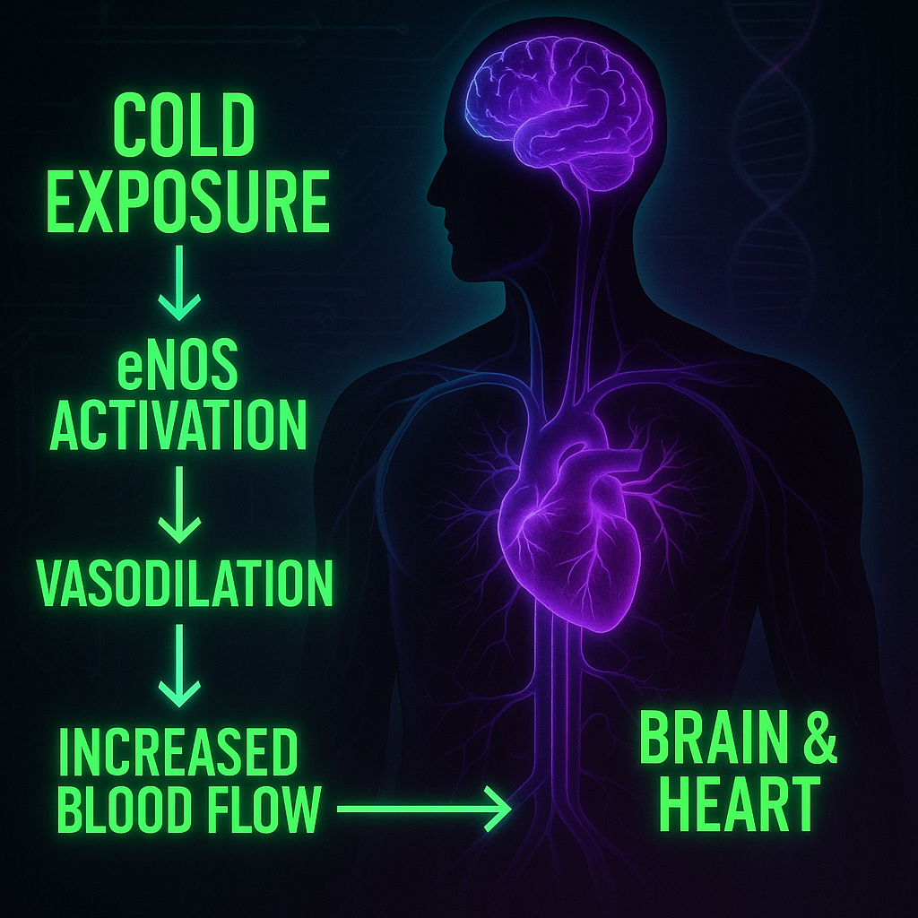 “Realistic neon infographic of a human silhouette showing cold exposure activating eNOS and nitric oxide pathways that increase blood flow to the brain and heart — glowing acid-green and violet in Cortex Cannibal aesthetic.”
