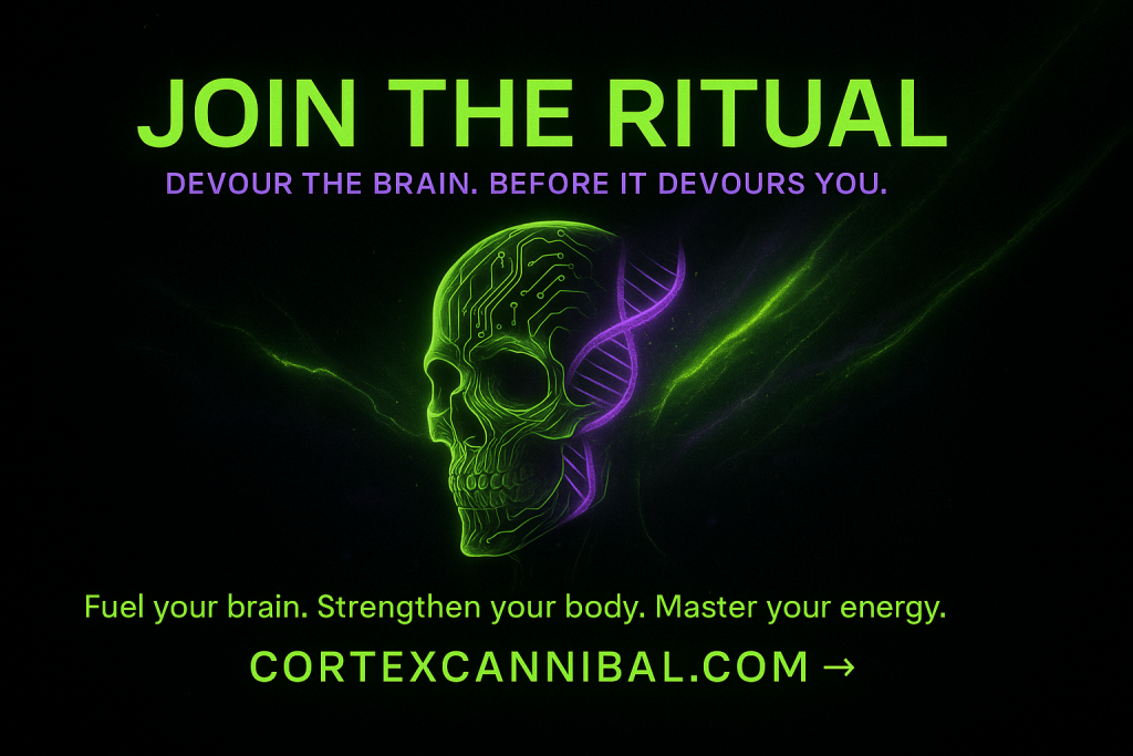 Cortex Cannibal logo skull surrounded by bioelectric violet smoke, symbolizing stress to energy transformation.