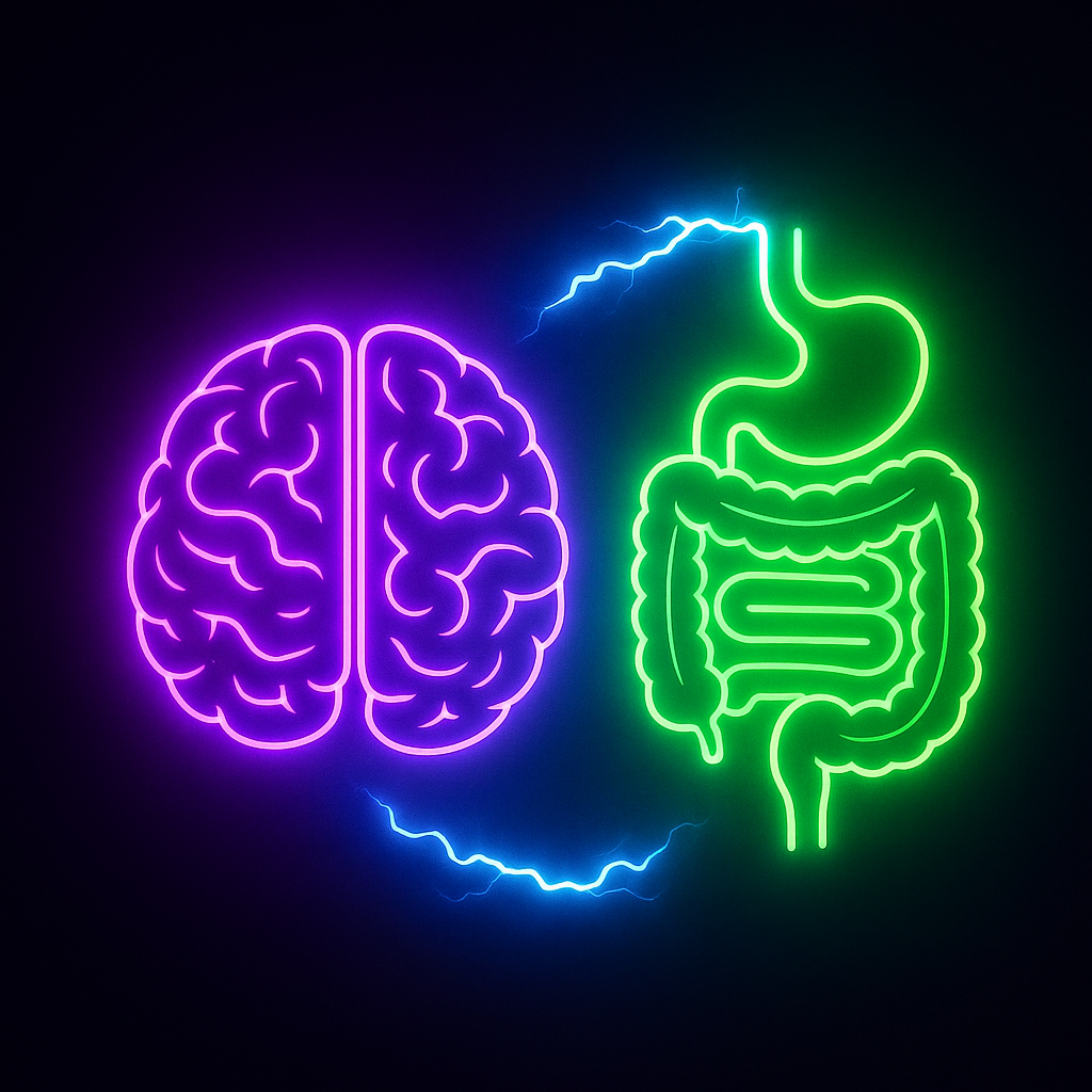 Neon Illustration of the gut-brain axisi showing a glowing brain and intestine connected by the electric energy - symbolizing the link betweeen nutrition, the microbiome, and mental preformance. Cortex Cannibal brand visual.