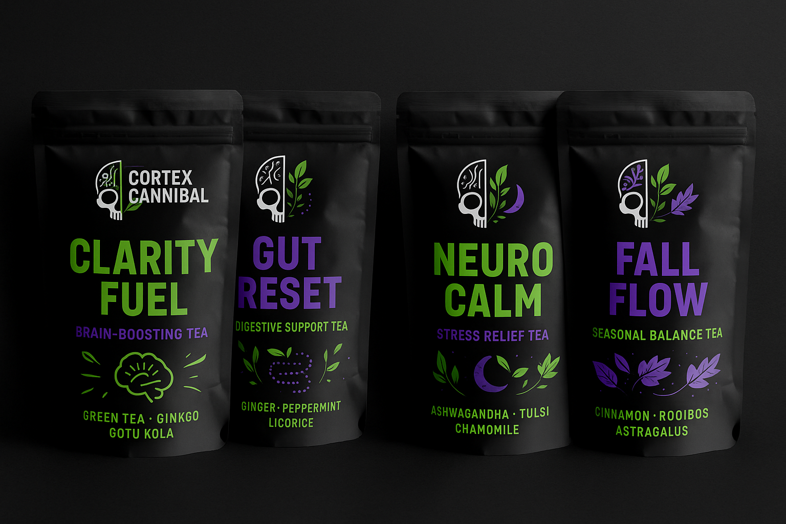 “Cortex Cannibal biohacker lifestyle collection — tumblers, yoga mats, and affirmation journals — representing the fusion of neuroscience, ritual, and modern wellness design.”