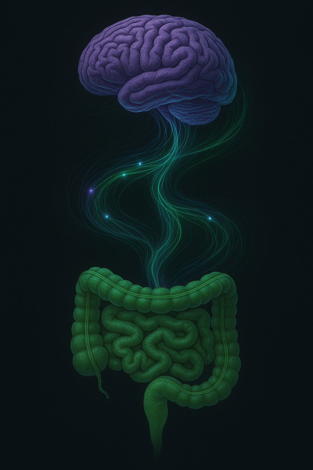 Glowing neon-green digital artwork depicting the gut–brain connection through intertwining neural and digestive pathways, symbolizing functional nutrition and metabolic balance.