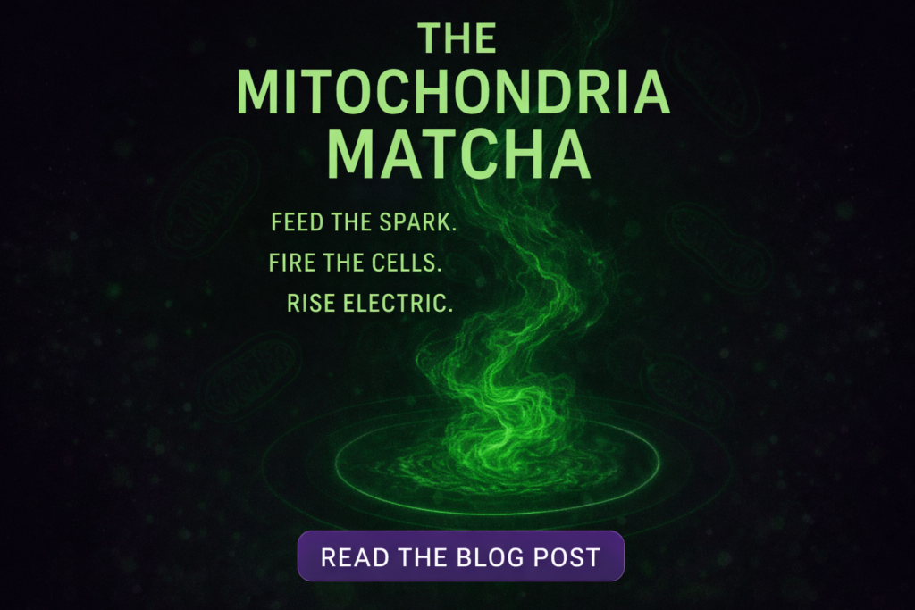 “Glowing green matcha energy rising like mitochondria sparks on a dark background, symbolizing cellular energy, brain fuel, and metabolic activation.”