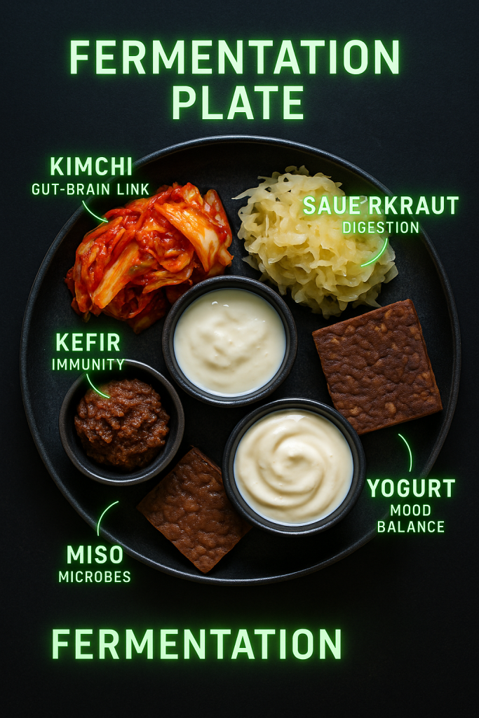 Fermentation Plate featuring vibrant probiotic foods — kimchi, sauerkraut, kefir, miso, tempeh, and yogurt — each labeled with gut-brain benefits such as digestion, immunity, and mood balance, styled in acid-green and violet highlights.