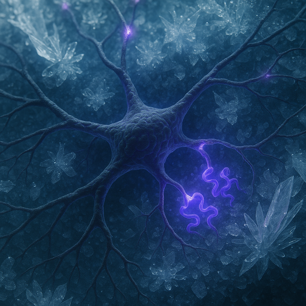 Visual concept of neurons and capillaries under cold exposure showing nitric oxide activation.
