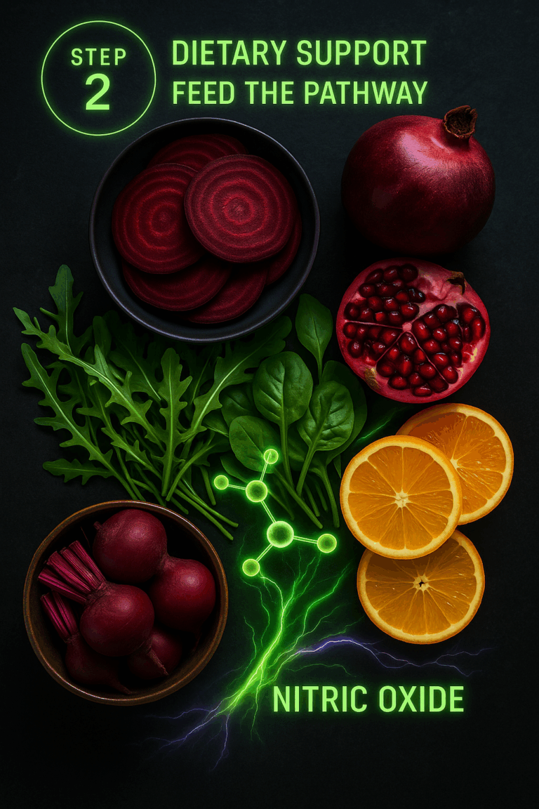 Nutrient-dense plate featuring nitrate-rich foods known to enhance nitric oxide.