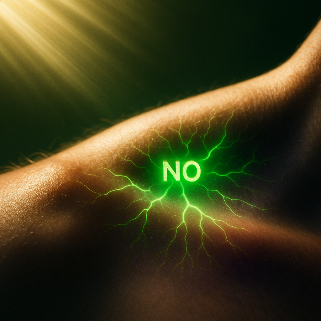 Sunlight on human skin visualized with an acid-green overlay showing nitric oxide (NO) release from blood vessels under UV light, symbolizing energy activation and vascular flow on a dark biohacker background