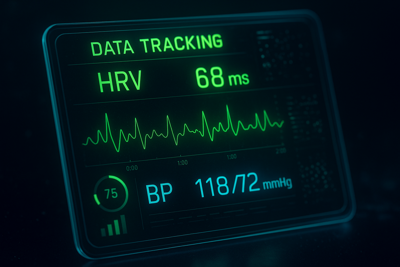 Data Tracking Interface displaying HRV (heart rate variability) and BP (blood pressure) metrics on a glowing futuristic dashboard, with acid-green and violet digital readouts symbolizing real-time body-mind tracking.