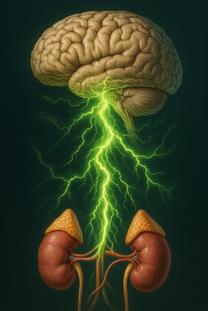 Cortisol stress pathway diagram showing brain–adrenal connection with violet neural currents.