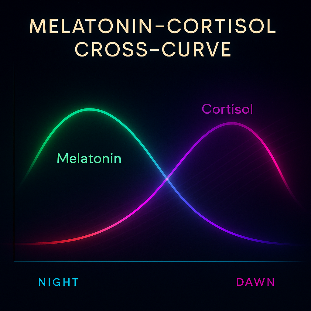 Melatonin–Cortisol Cross-Curve graph showing a green nighttime melatonin peak for brain detox and a violet cortisol wave rising at dawn, set against a dark circadian gradient background with glowing neural energy lines.