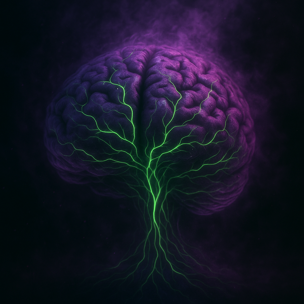 Neural Static — a cinematic brain visual showing violet haze overtaking acid-green neural pathways, symbolizing stress, fatigue, and disrupted brain signaling under tension.
