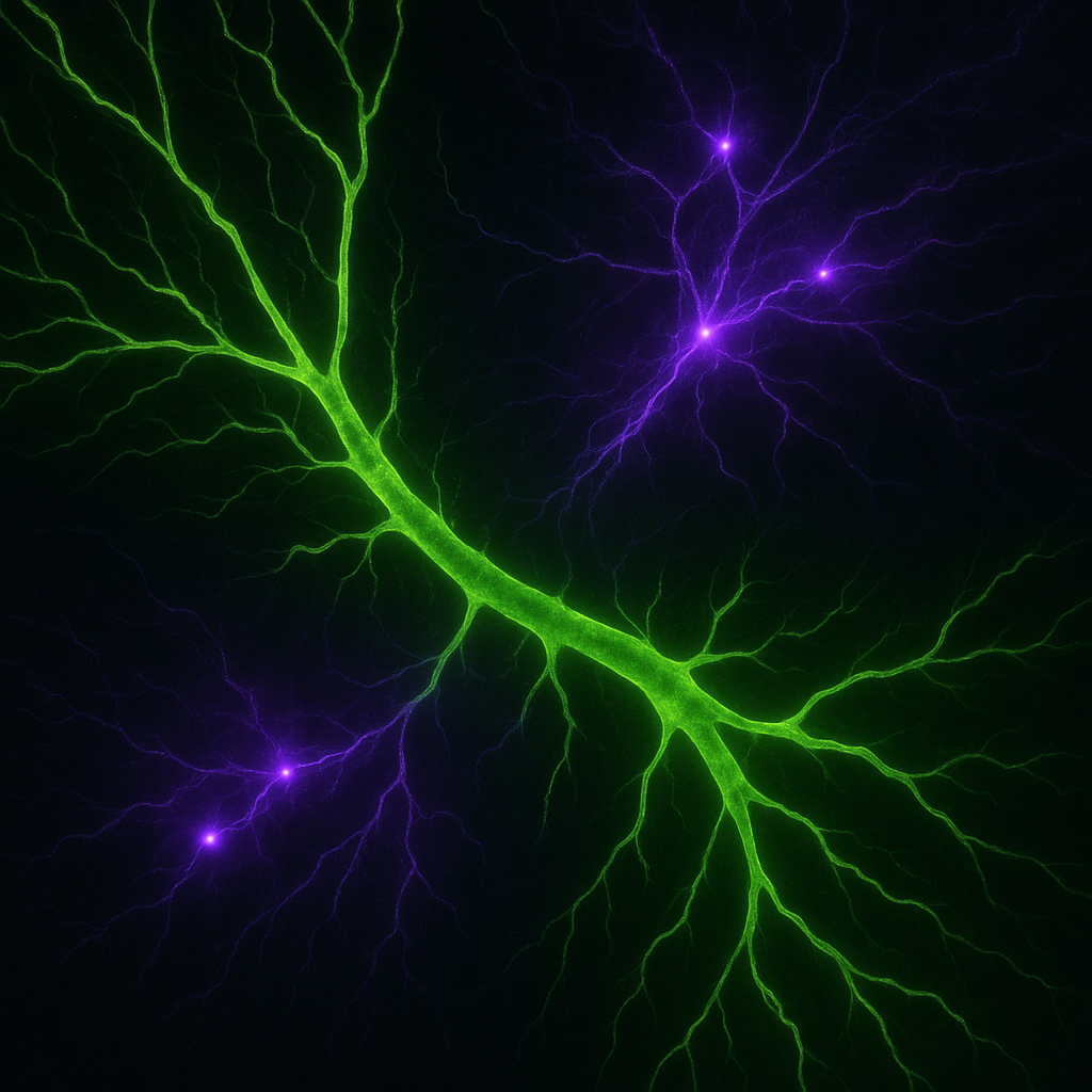 Vascular Network Glow showing acid-green capillaries illuminated by violet neural signals, symbolizing circulation, brain energy, and nitric oxide activation across a dark bioluminescent backgroun