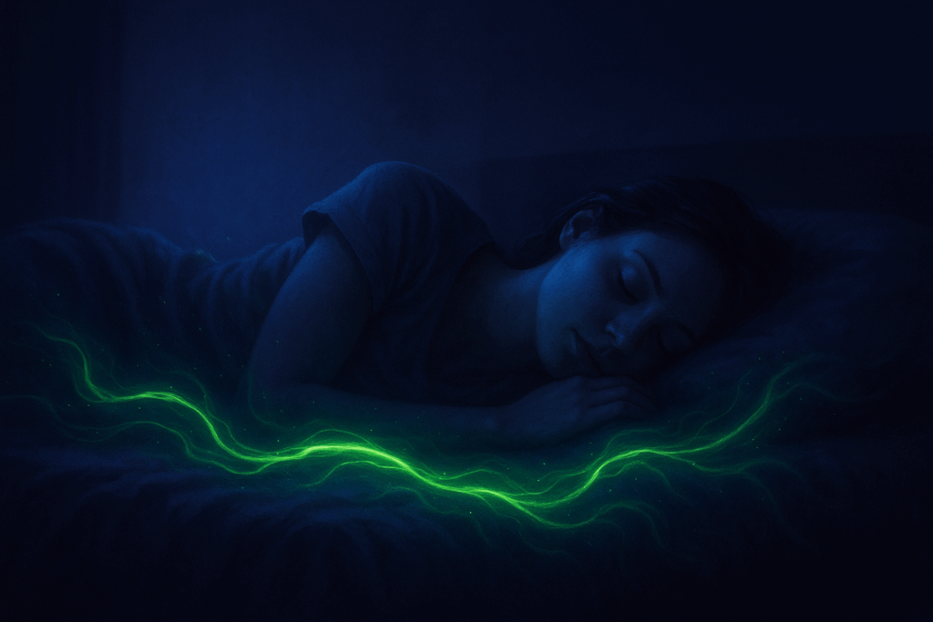 Nighttime environment showing a sleeping figure surrounded by glowing acid-green energy flow against a cold violet-blue background, symbolizing neural recovery, glymphatic detox, and circadian restoration.