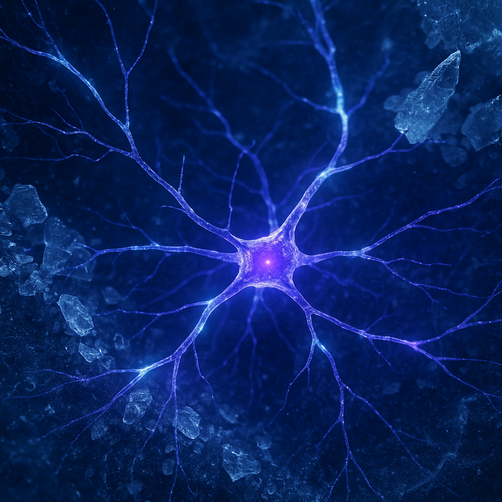 Neural Flow Under Cold Light — violet synapses glowing amid translucent ice crystals, symbolizing neural clarity, cold therapy, and brain resilience, in a dark blue bioluminescent environment.