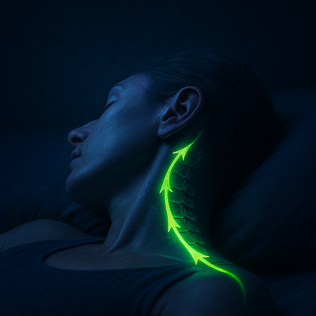 Lateral Sleep Drain Map showing acid-green arrows flowing along the neck and spine, visualizing cerebrospinal drainage and glymphatic detox pathways active during deep sleep, on a dark neural background.