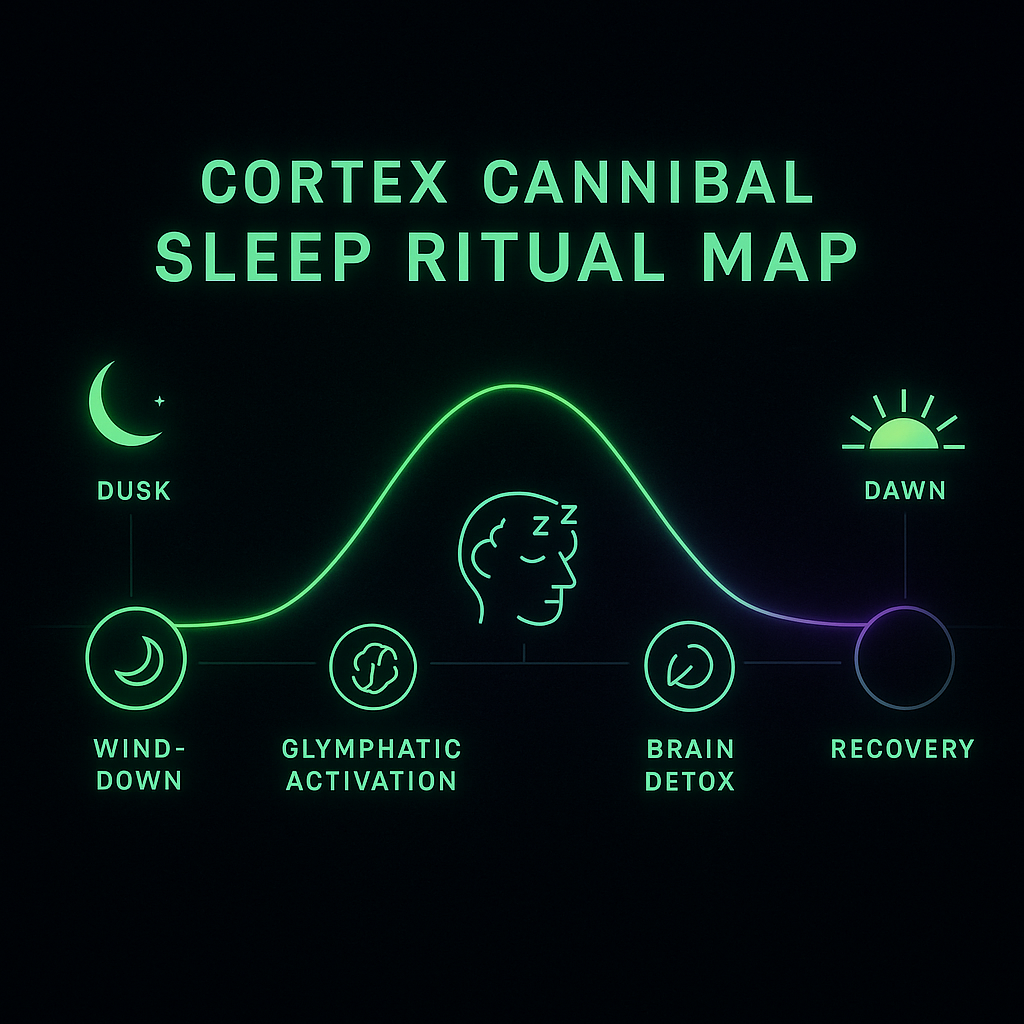 Cortex Cannibal Sleep Ritual Map showing an acid-green glowing timeline from dusk to dawn with icons for wind-down, glymphatic activation, brain detox, and recovery phases against a dark violet-black background