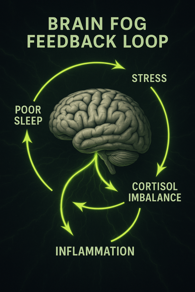 Scientific diagram showing the Brain Fog Feedback Loop — depicting stress, poor sleep, inflammation, and cortisol imbalance creating a circular cycle of mental fatigue, with glowing acid-green arrows on a dark neural background.