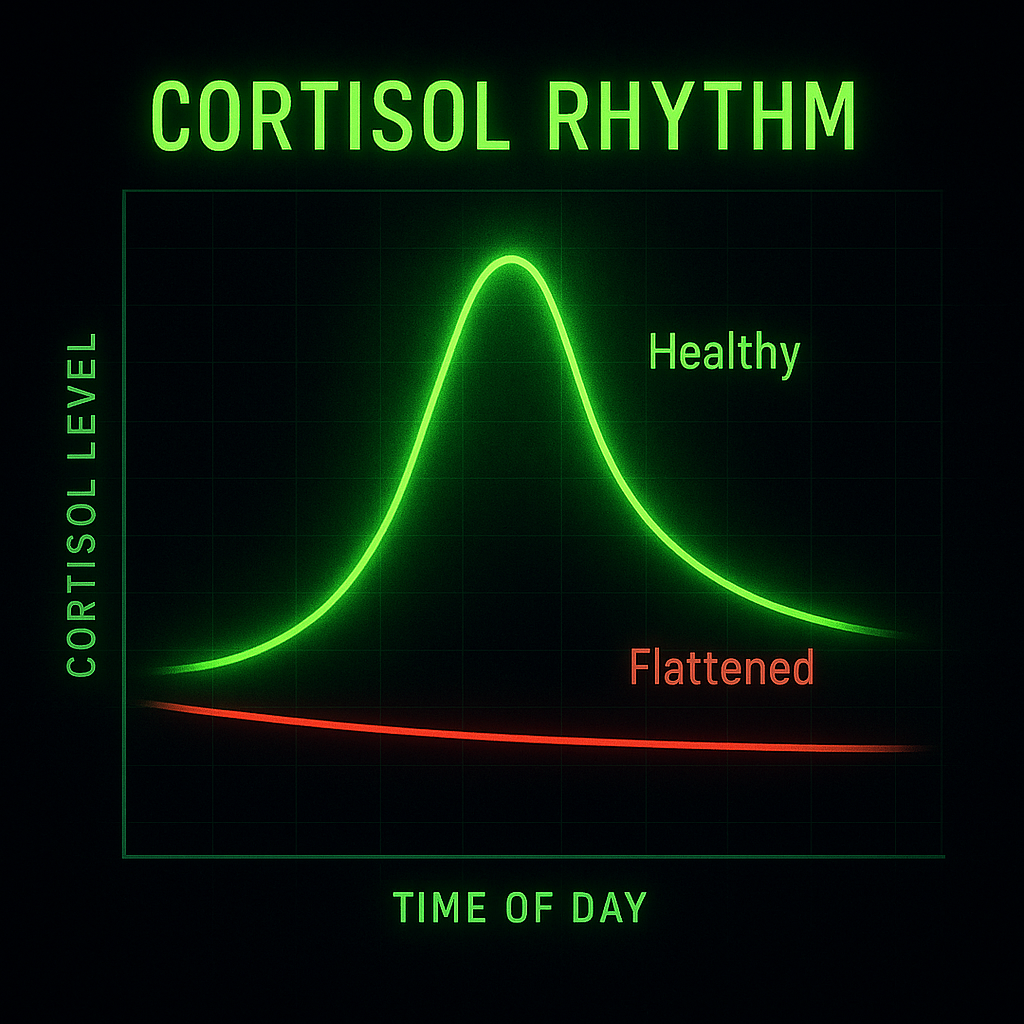 Cortisol Rhythm Graph comparing a healthy daily cortisol curve (green line with morning peak and evening decline) versus a flattened, dysregulated cortisol line (red), on a dark background with acid-green glow.