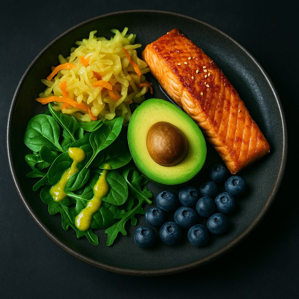 Balanced brain-fuel meal featuring fermented vegetables, wild salmon, avocado, leafy greens, turmeric dressing, and berries — a vibrant anti-inflammatory plate that supports gut-brain health.