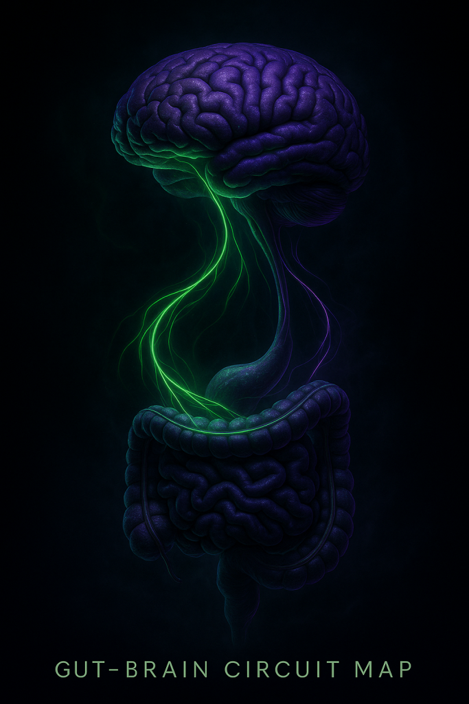 Hero visual showing the Gut–Brain Circuit Map — glowing green and violet neural threads connecting the intestines to the brainstem, symbolizing the gut–brain axis with a futuristic sci-fi aesthetic.