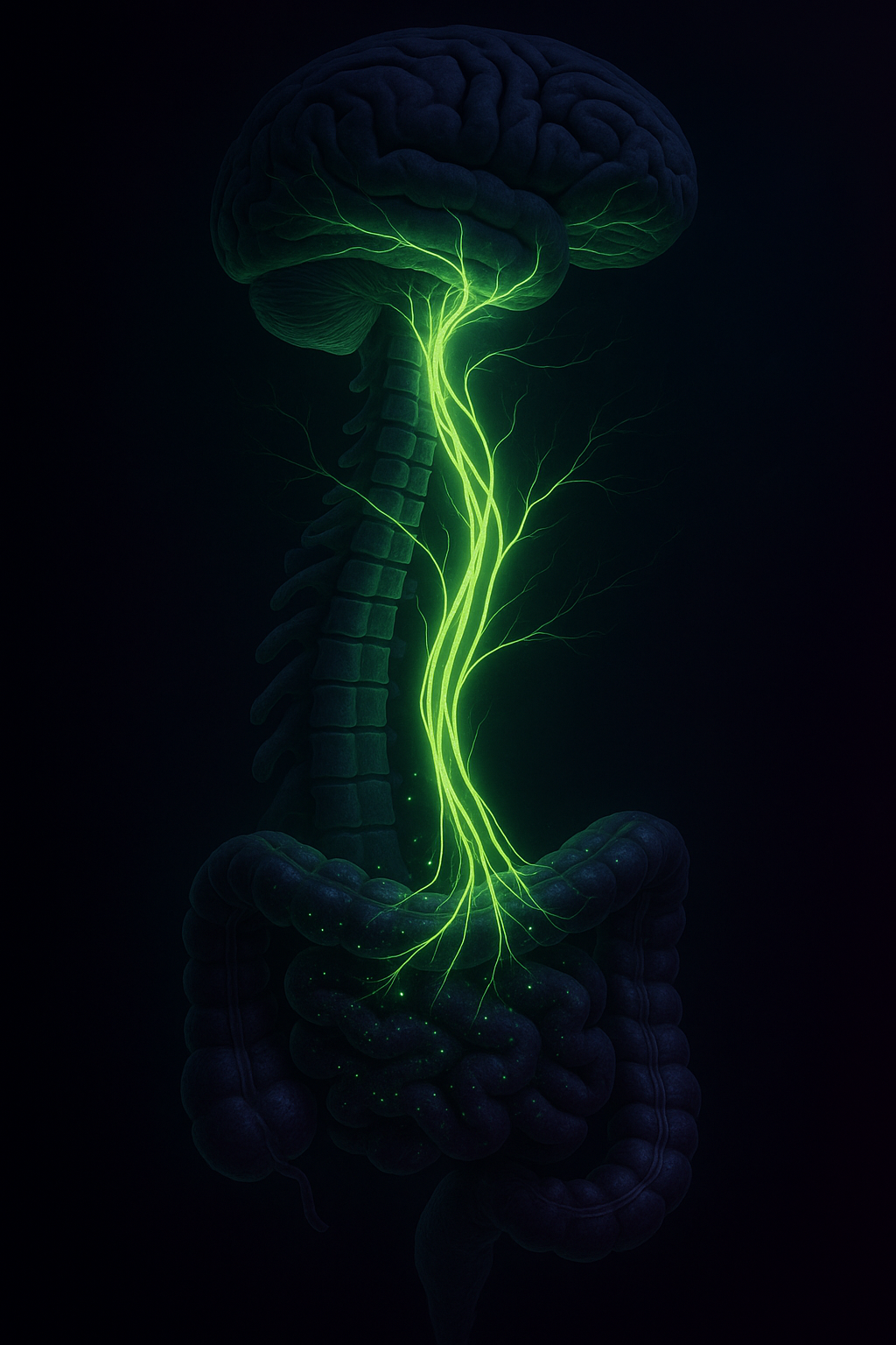 Scientific-artistic visualization of the vagus nerve and microbial pathways — glowing acid-green fibers climbing the spinal column, connecting gut microbes to the brainstem against a dark violet-black backgroun