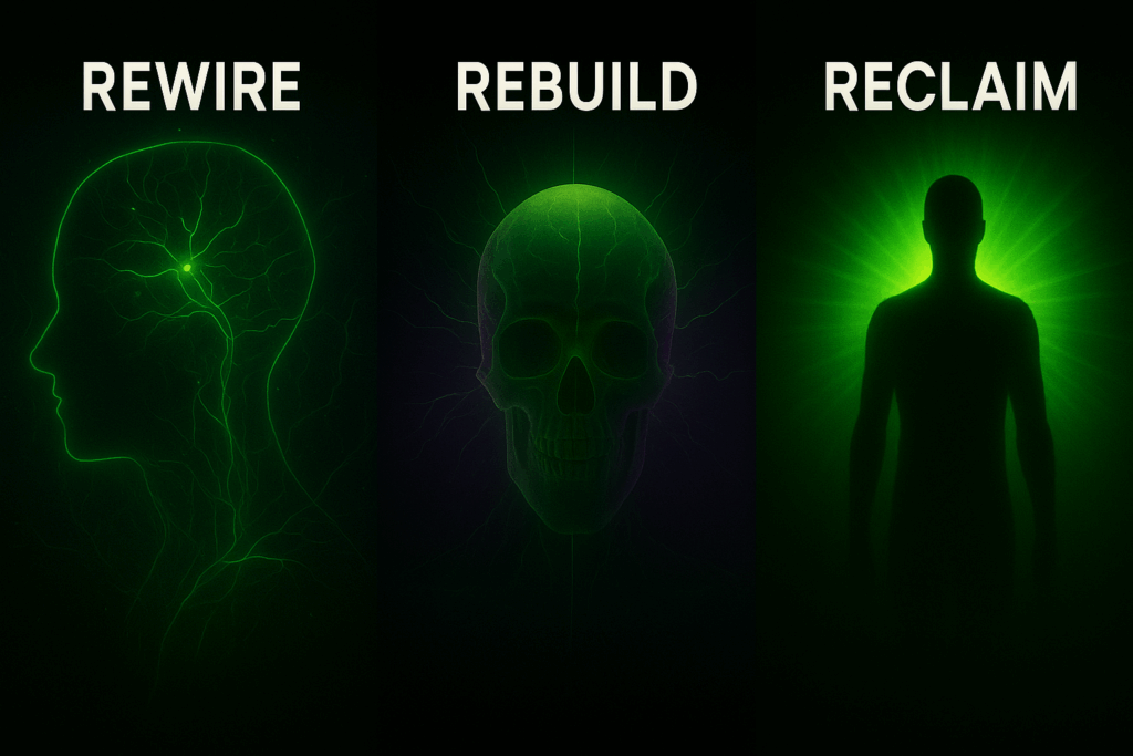 Horizontal cinematic strip depicting four transformation stages — REWIRE (neural circuits reconnecting), REBUILD (hands forming bio-energy), RISE (light ascending through a neural network), and RECLAIM (human silhouette in acid-green halo). Realistic biohacker art in acid-green and violet on black background.