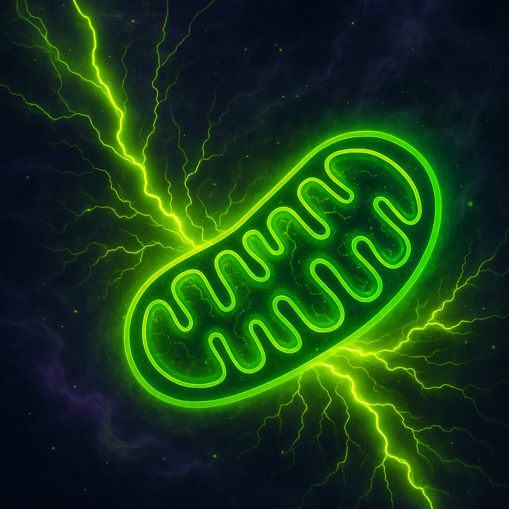 Glowing acid-green mitochondrion generating energy with electric pulses and violet neural currents — representing the cellular power behind brain function and vitality in Cortex Cannibal style.