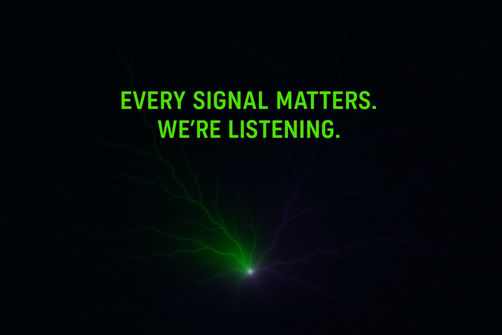 Dark neural network background with glowing acid-green and violet energy lines converging at the center, featuring the Cortex Cannibal slogan: “Every Signal Matters. We’re Listening.”