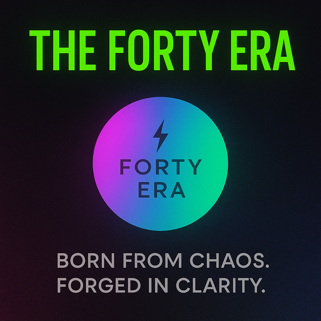 “Digital artwork of The Forty Era — a glowing neural human form surrounded by acid-green and violet bioelectric energy, symbolizing recovery, transformation, and brain optimization at forty.”