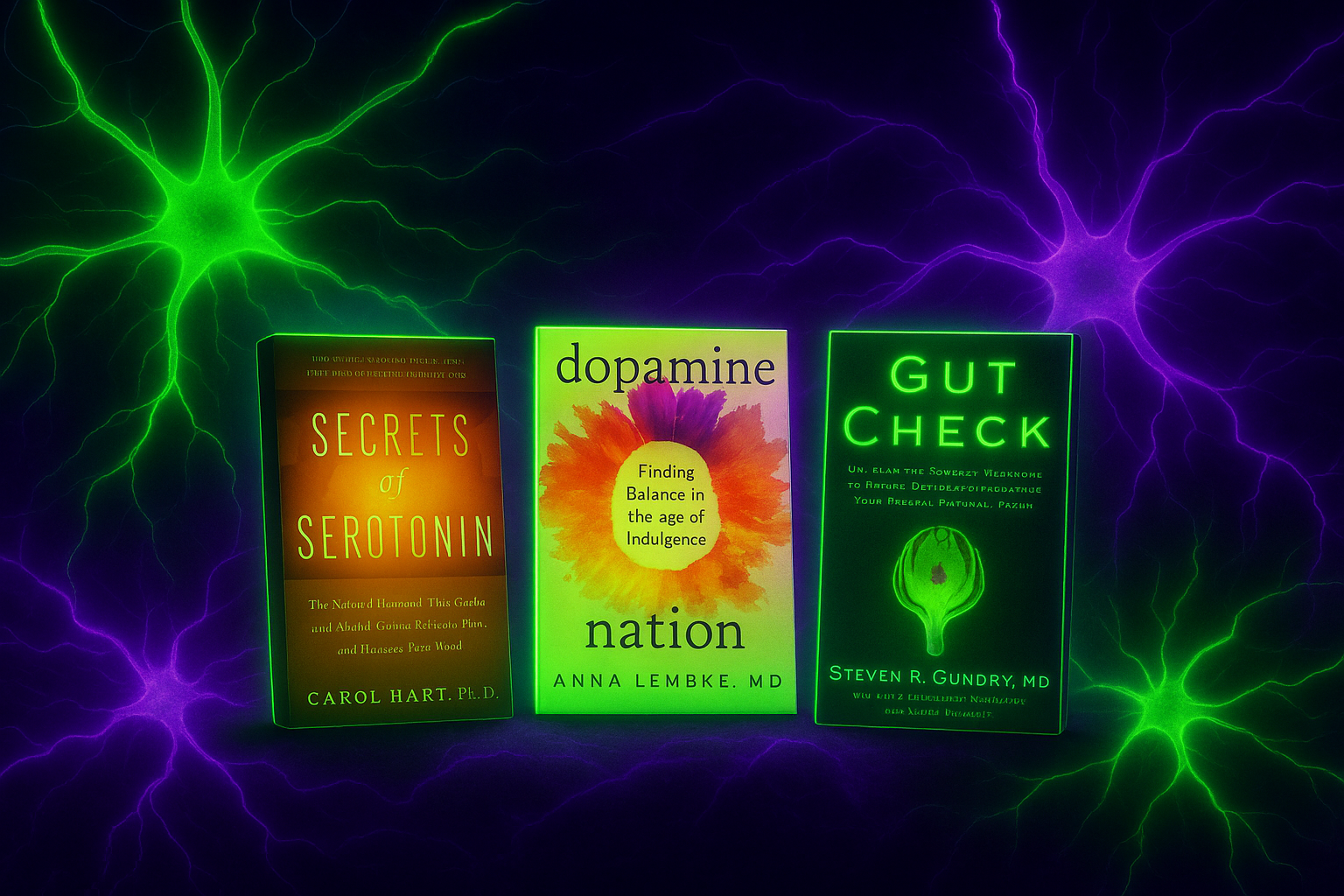 “Cortex Cannibal Reading Arsenal – brain and trauma recovery books with neon neural energy background.”