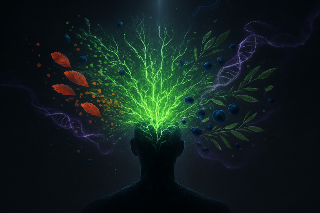 Acid-green neural energy branching from a human silhouette, symbolizing brain growth through omega-3 and polyphenols.