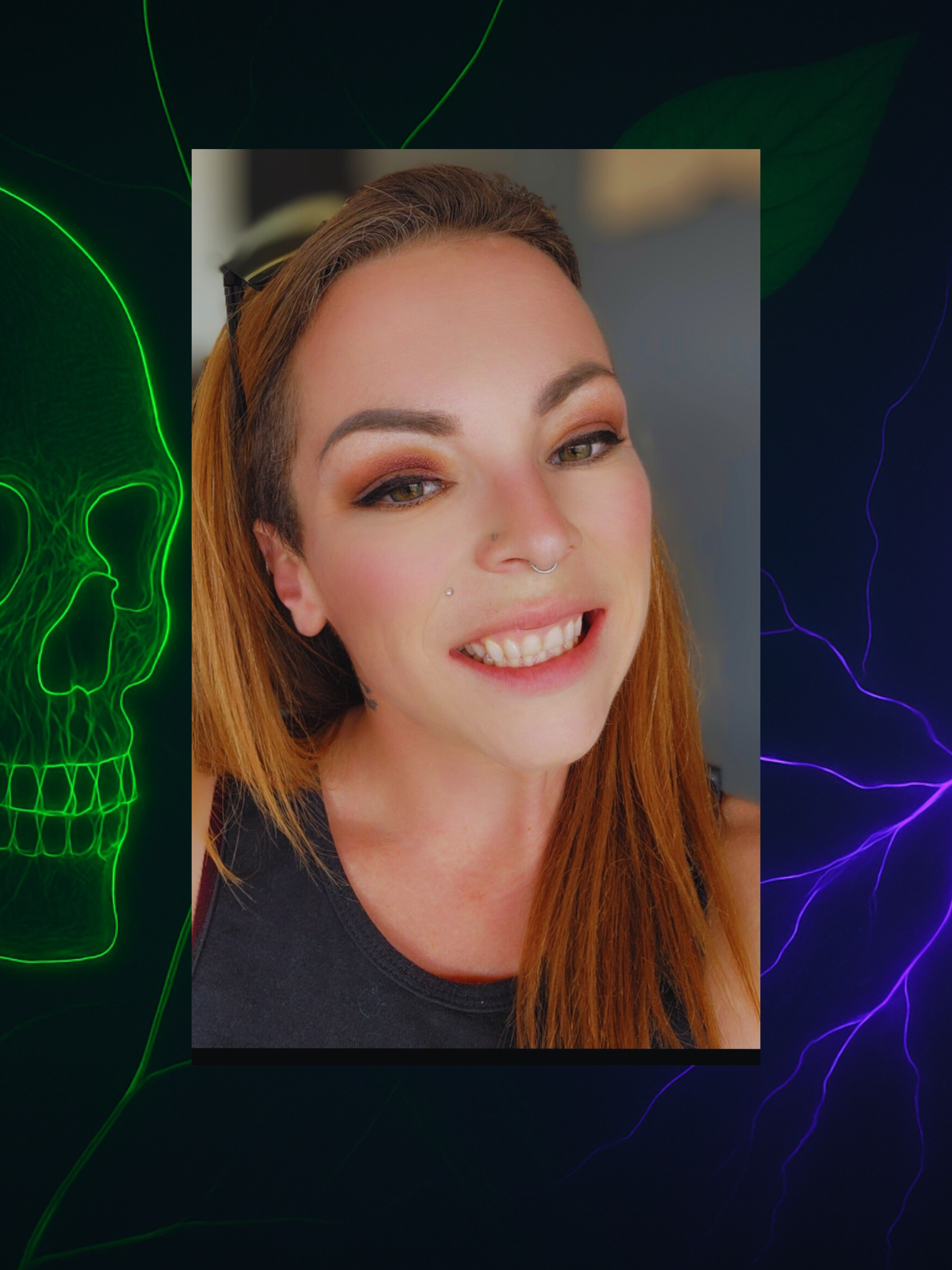 Portrait of Marsden Ridley, founder of Cortex Cannibal, smiling against a black background with acid-green skull and violet neural-DNA glow — representing resilience, recovery, and the gut-brain connection.