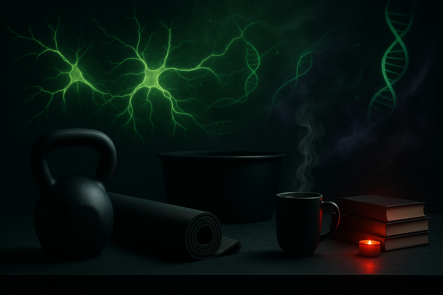 “Cortex Arsenal ritual tools — kettlebell, yoga mat, cold plunge, tea and books under acid-green neural light for over-40 brain and body rebuild.”