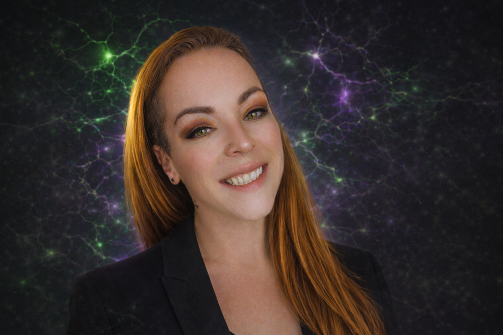 Founder of Cortex Cannibal with subtle neural bioelectric background in green and violet tones, wearing a black blazer and smiling confidently