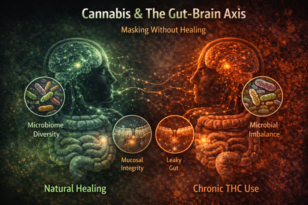 Illustration showing cannabis effects on the gut–brain axis, comparing healthy microbiome diversity and mucosal integrity with chronic THC use causing microbial imbalance and leaky gut.
