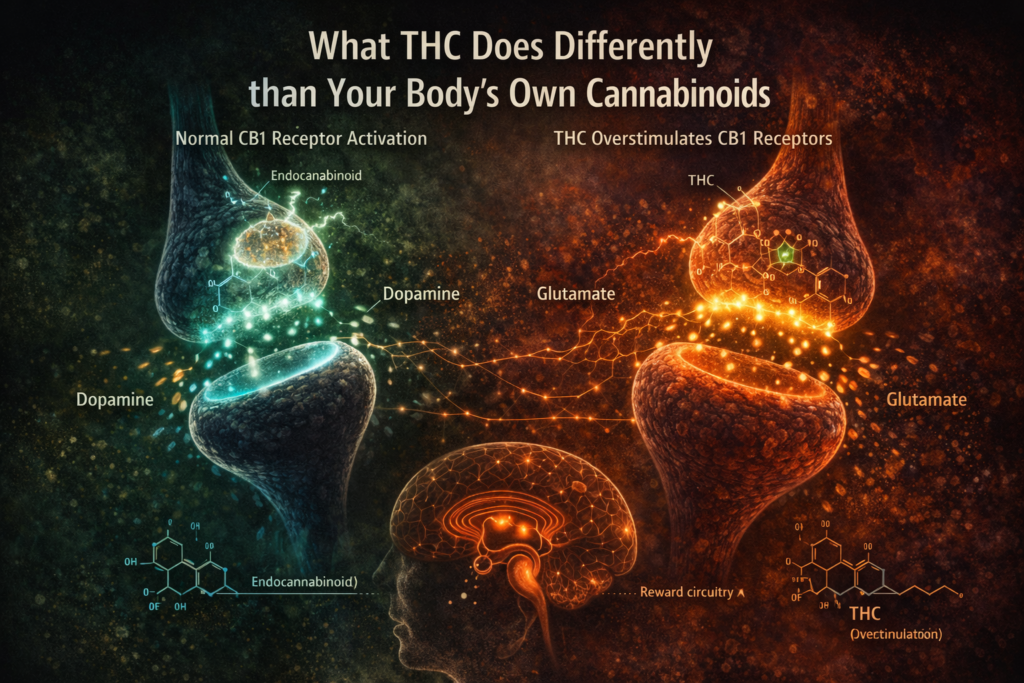 Illustration comparing normal endocannabinoid CB1 receptor signaling with THC overstimulation, showing differences in dopamine and glutamate activity within brain synapses.