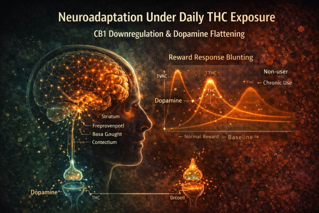 Visualization showing brain neuroadaptation under daily THC exposure, illustrating CB1 receptor downregulation, reduced dopamine signaling, and blunted reward response over time.
