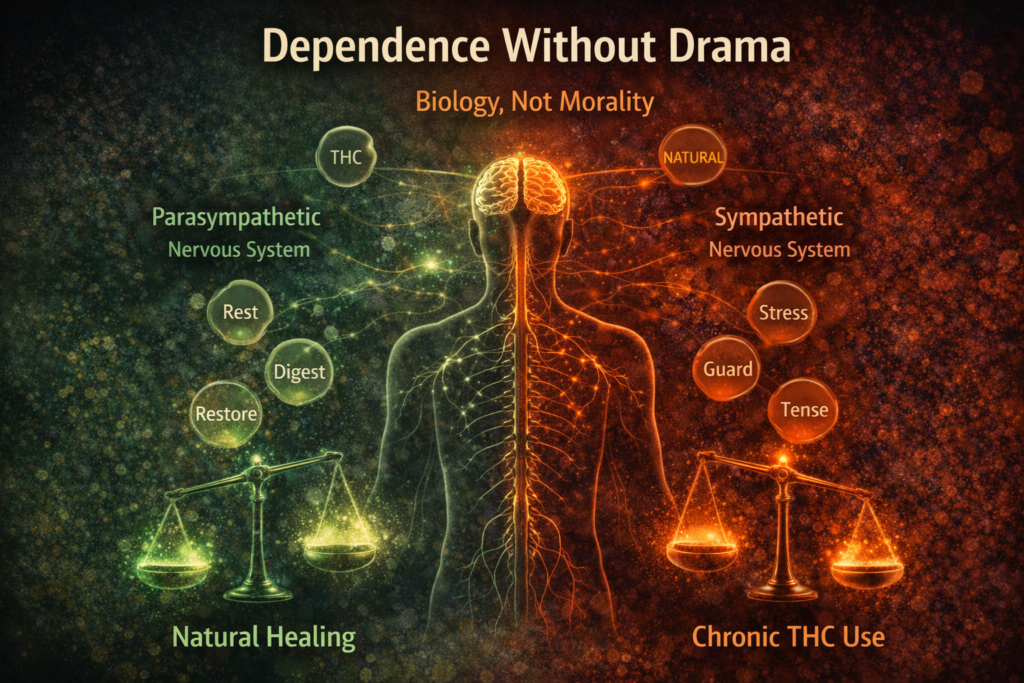 Illustration showing how chronic THC use alters nervous system balance, shifting from parasympathetic rest-and-digest regulation toward sympathetic stress dominance, explaining cannabis dependence as biological adaptation rather than moral failure.