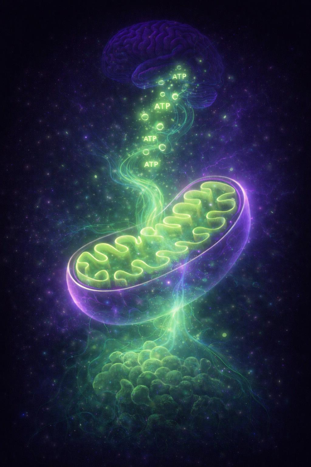 Mitochondria producing ATP energy flowing to the brain in a glowing cellular energy illustration