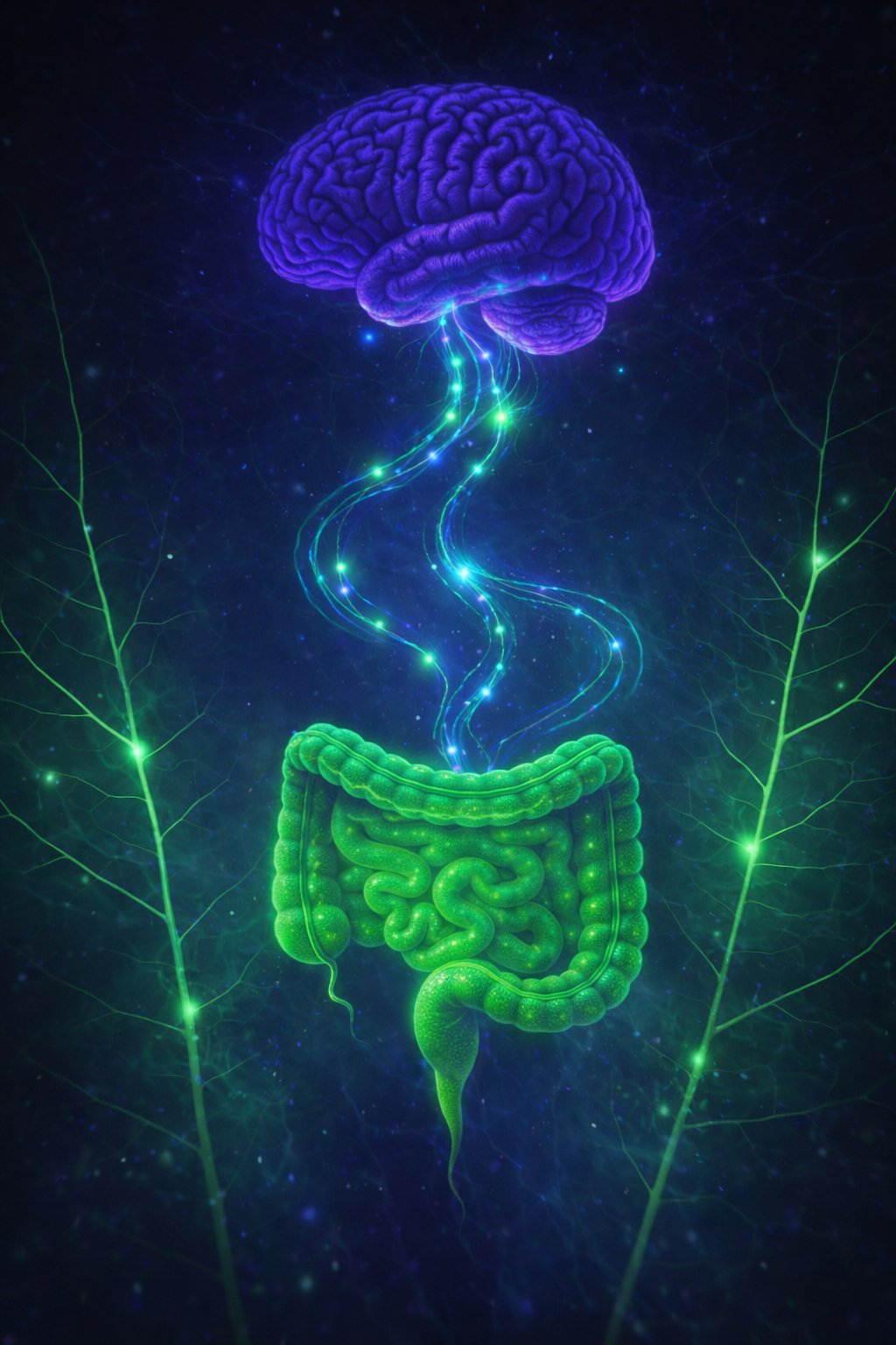 Illustration of the gut brain axis showing communication between the brain and digestive system through neural and microbiome signaling pathways