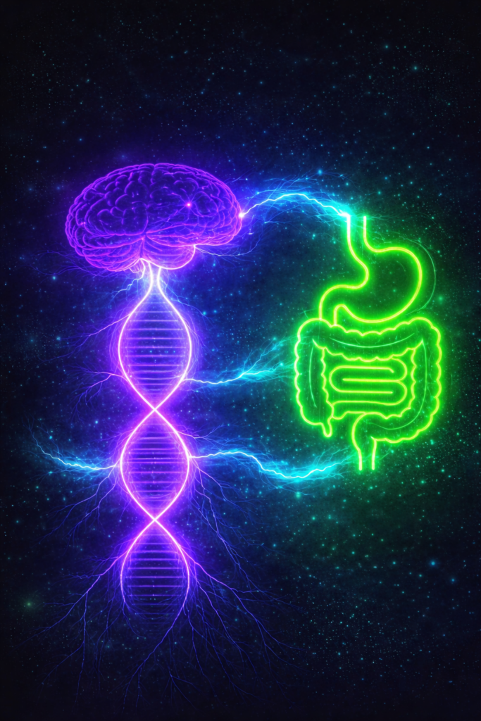 Neon illustration of gut brain axis showing communication between brain and digestive system through neural and biochemical signaling pathways