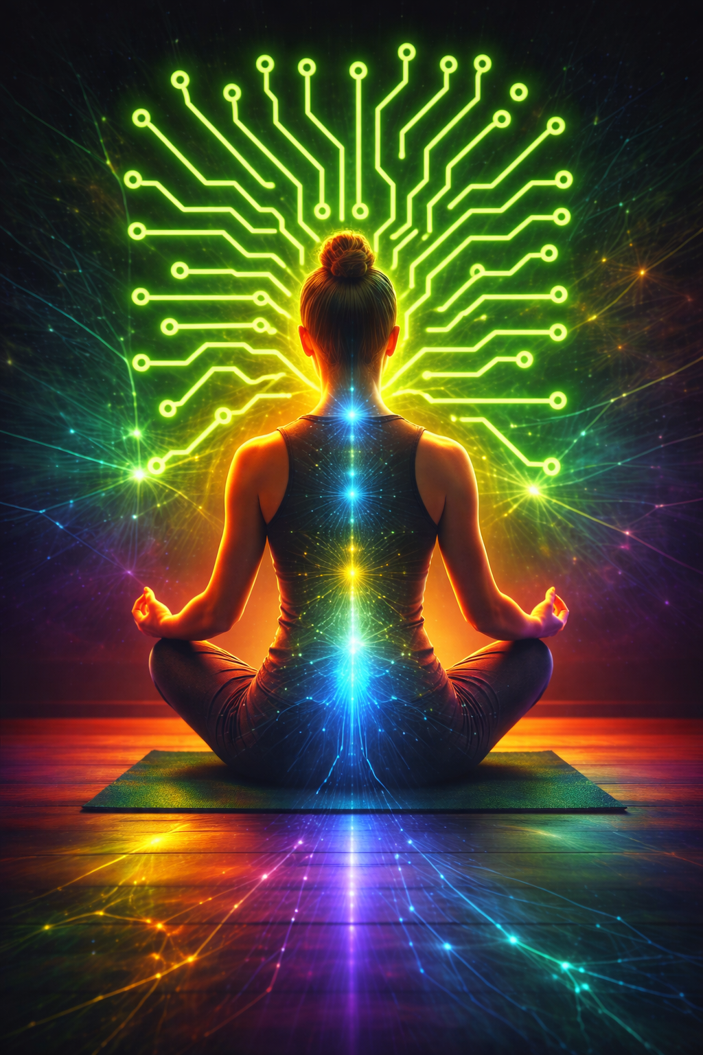 Person meditating with glowing neural pathways and bioelectric signals representing nervous system regulation and stress recovery